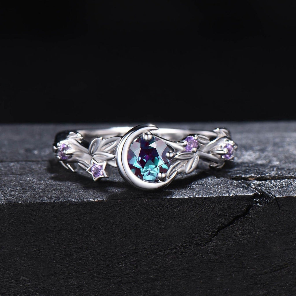 Free Today: Moon Star Color-Change Alexandrite Branch Leaf Amethyst Engagement Ring