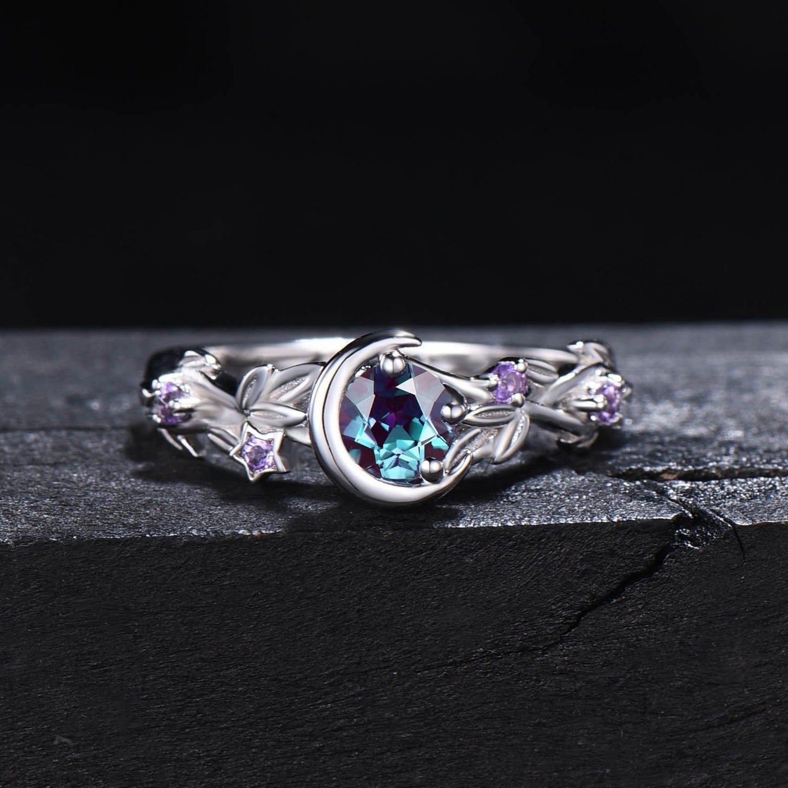 Free Today: Moon Star Color-Change Alexandrite Branch Leaf Amethyst Engagement Ring
