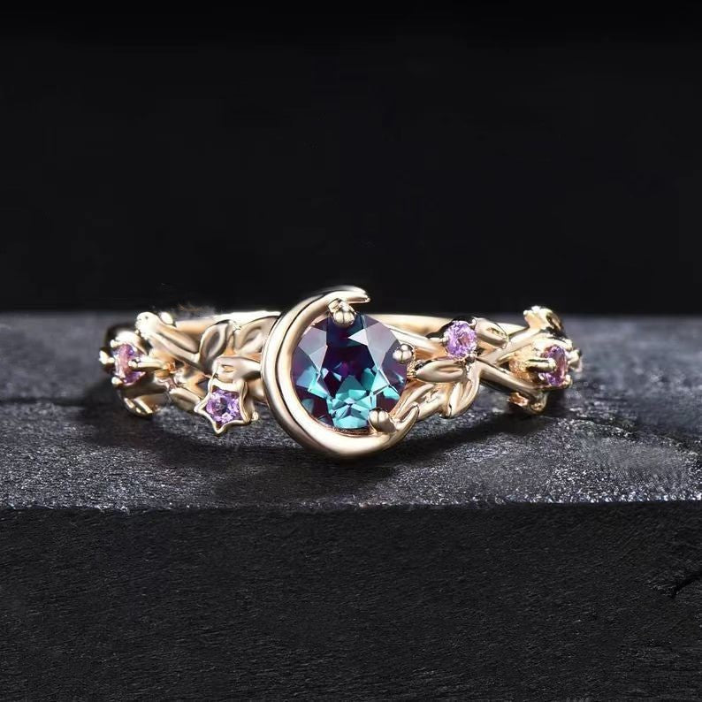 Free Today: Moon Star Color-Change Alexandrite Branch Leaf Amethyst Engagement Ring