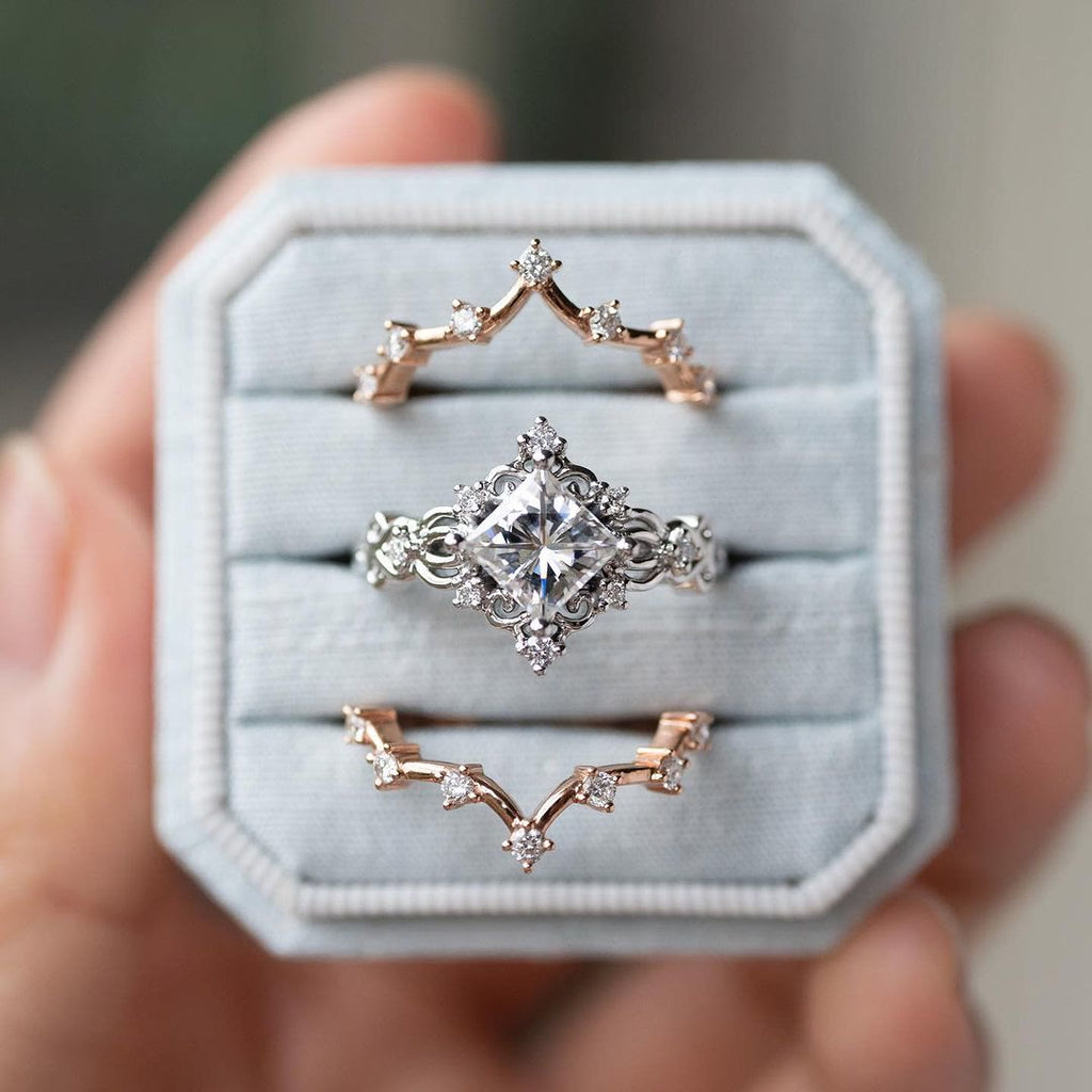 FREE Today: 3 Pcs Rose Gold Moissanite Floral Wedding Ring Set