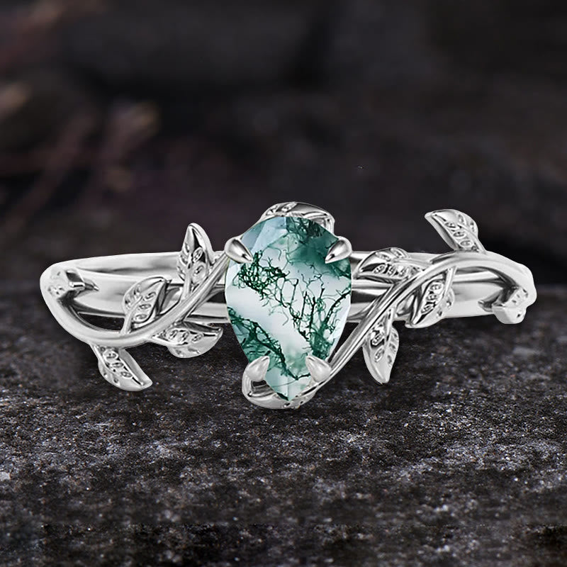 FREE Today: Pear Cut Moss Agate Twisted Leaf Engagement Ring