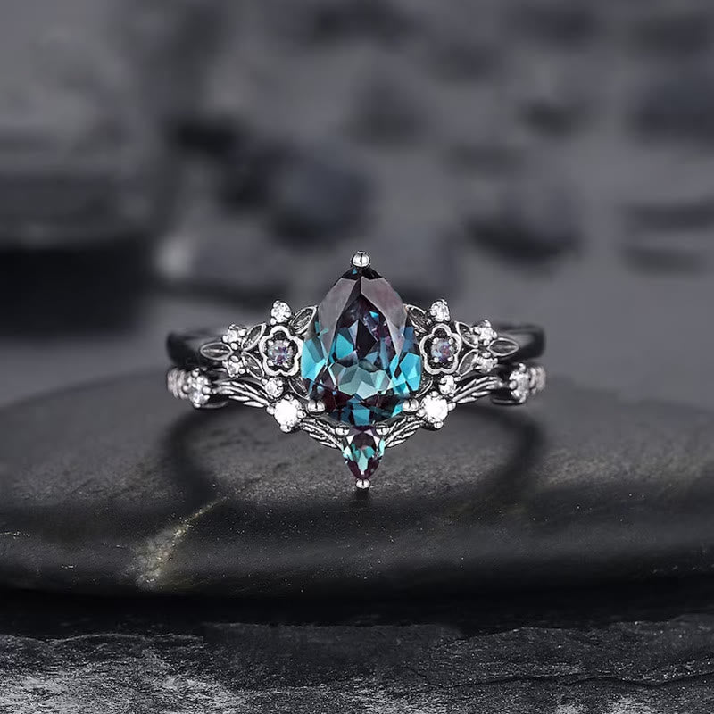 FREE Today: 2 Pcs Floral Alexandrite Black Engagement Ring Set