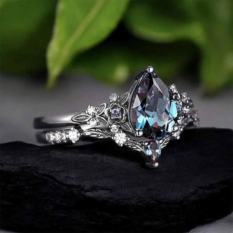FREE Today: 2 Pcs Floral Alexandrite Black Engagement Ring Set