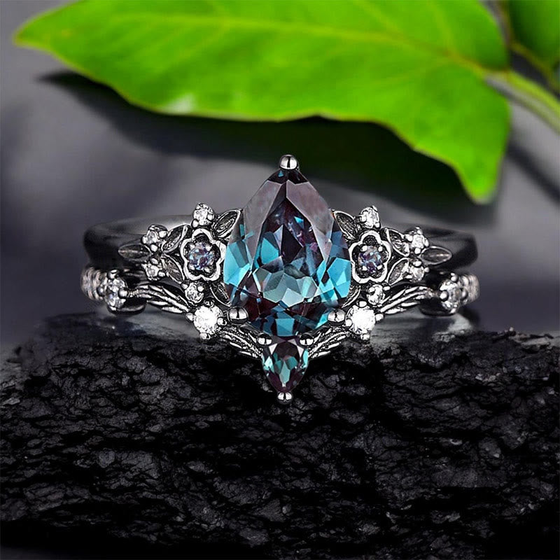 FREE Today: 2 Pcs Floral Alexandrite Black Engagement Ring Set