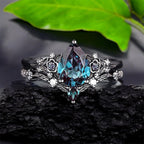 FREE Today: 2 Pcs Floral Alexandrite Black Engagement Ring Set