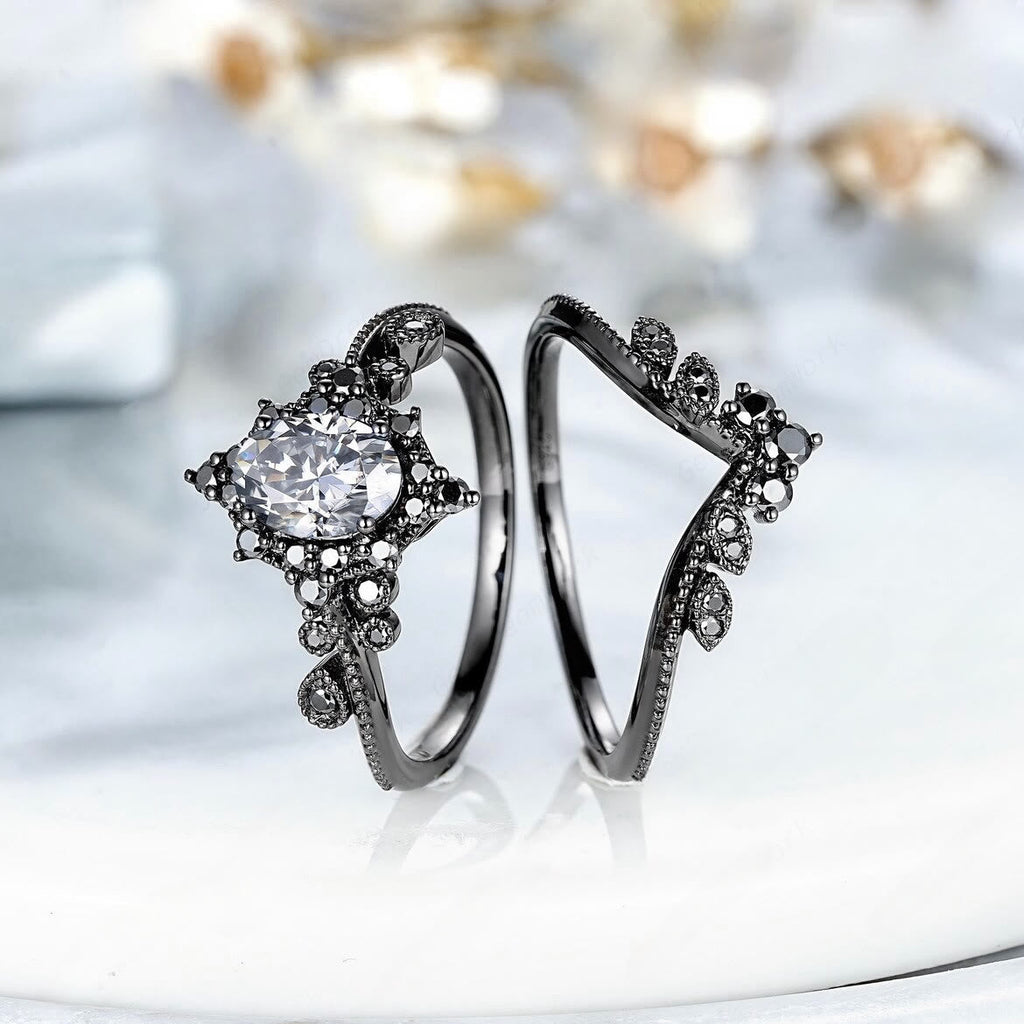 FREE Today: 2 Pcs Black Oval Gray Moissanite Engagement Ring Set