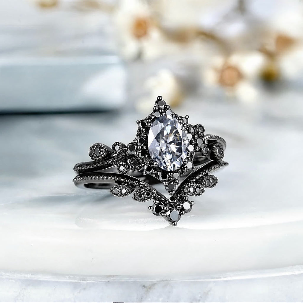 FREE Today: 2 Pcs Black Oval Gray Moissanite Engagement Ring Set