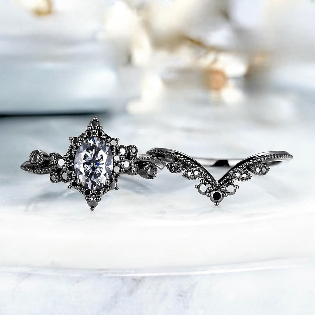 FREE Today: 2 Pcs Black Oval Gray Moissanite Engagement Ring Set
