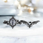 FREE Today: 2 Pcs Black Oval Gray Moissanite Engagement Ring Set