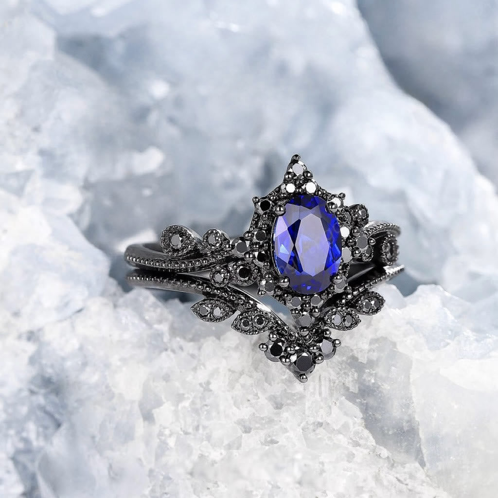 FREE Today: 2 Pcs Black Oval Gray Moissanite Engagement Ring Set