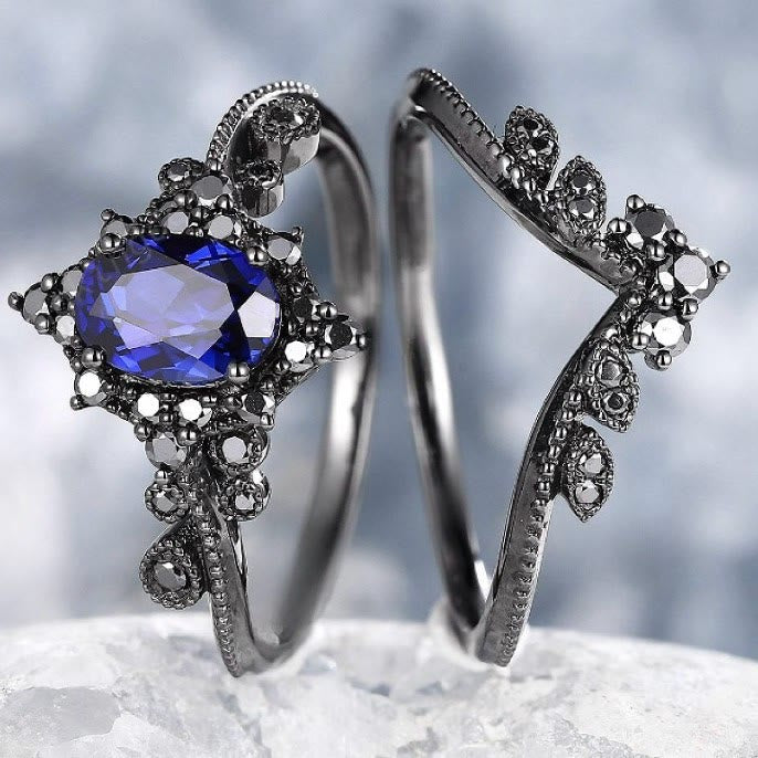 FREE Today: 2 Pcs Black Oval Gray Moissanite Engagement Ring Set