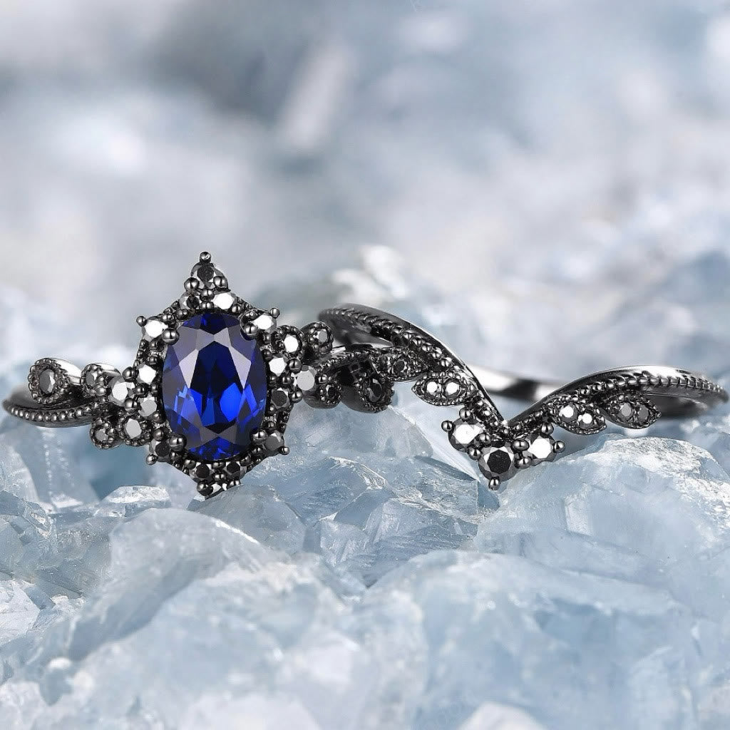 FREE Today: 2 Pcs Black Oval Gray Moissanite Engagement Ring Set