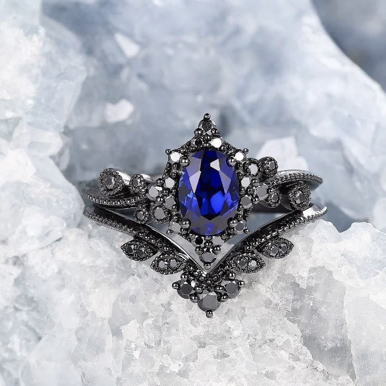 FREE Today: 2 Pcs Black Oval Gray Moissanite Engagement Ring Set