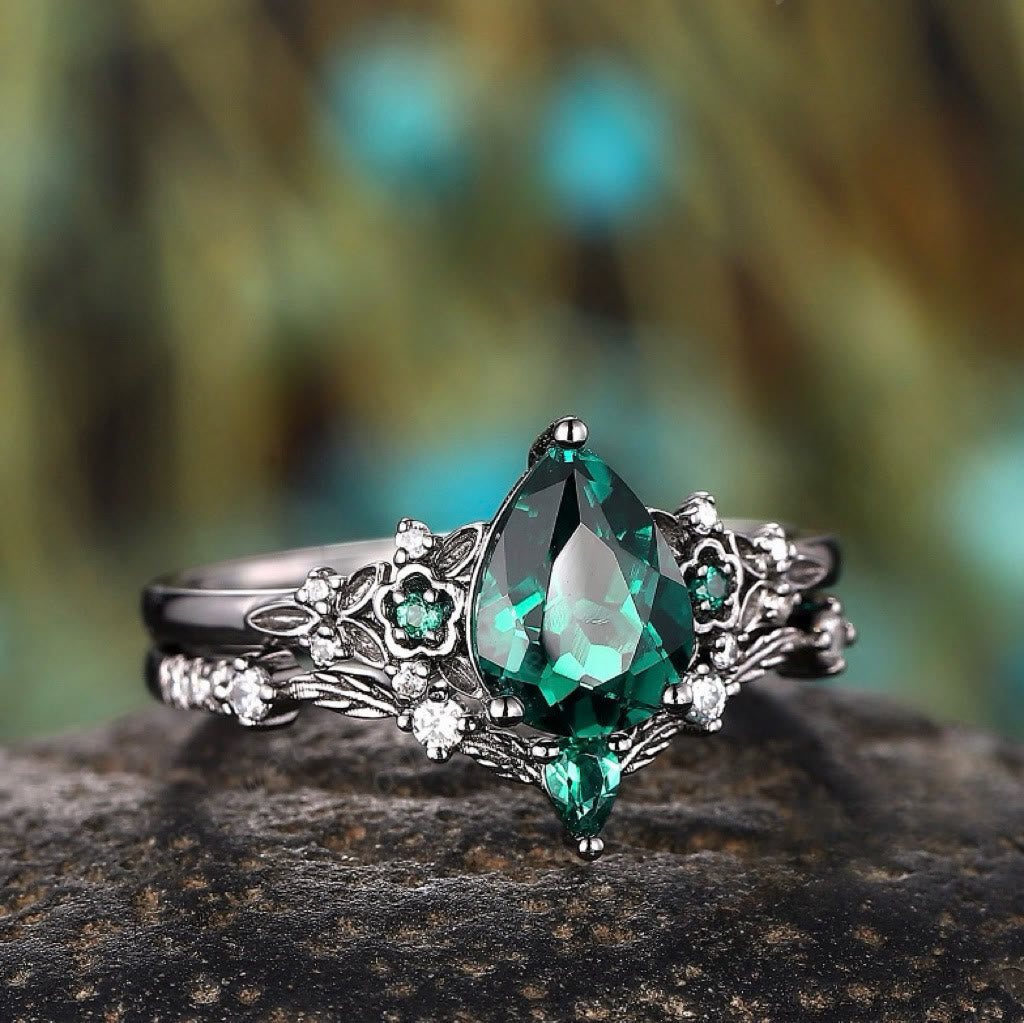 FREE Today: 2 Pcs Floral Alexandrite Black Engagement Ring Set