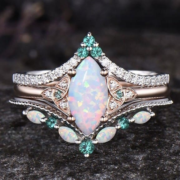 FREE Today: Vintage Milgrain Marquise Opal and Emerald Three-Piece Ring Set
