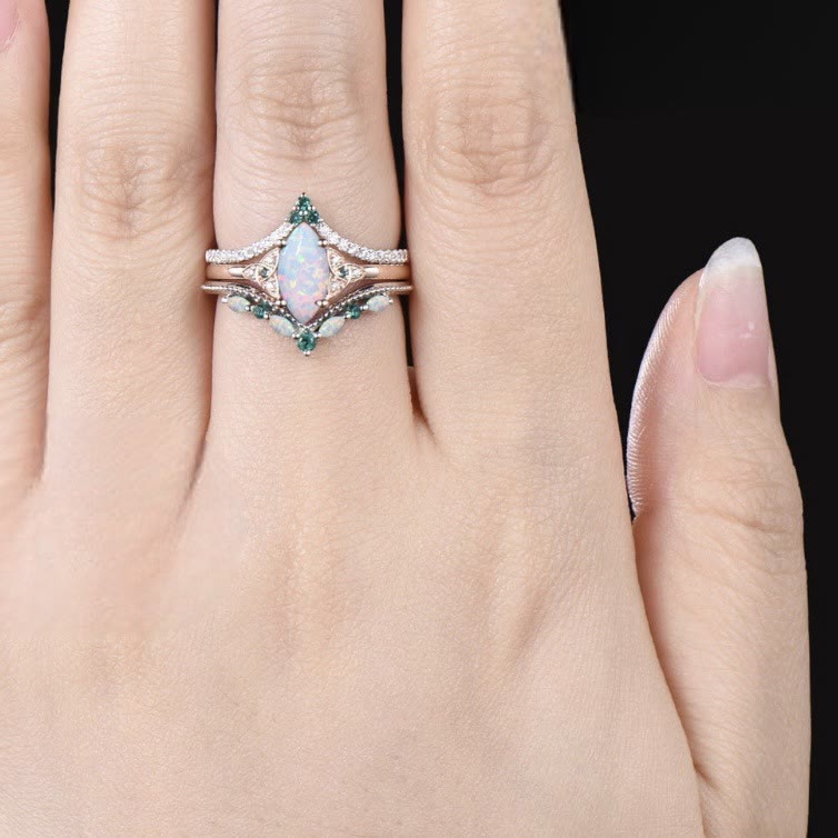 FREE Today: Vintage Milgrain Marquise Opal and Emerald Three-Piece Ring Set