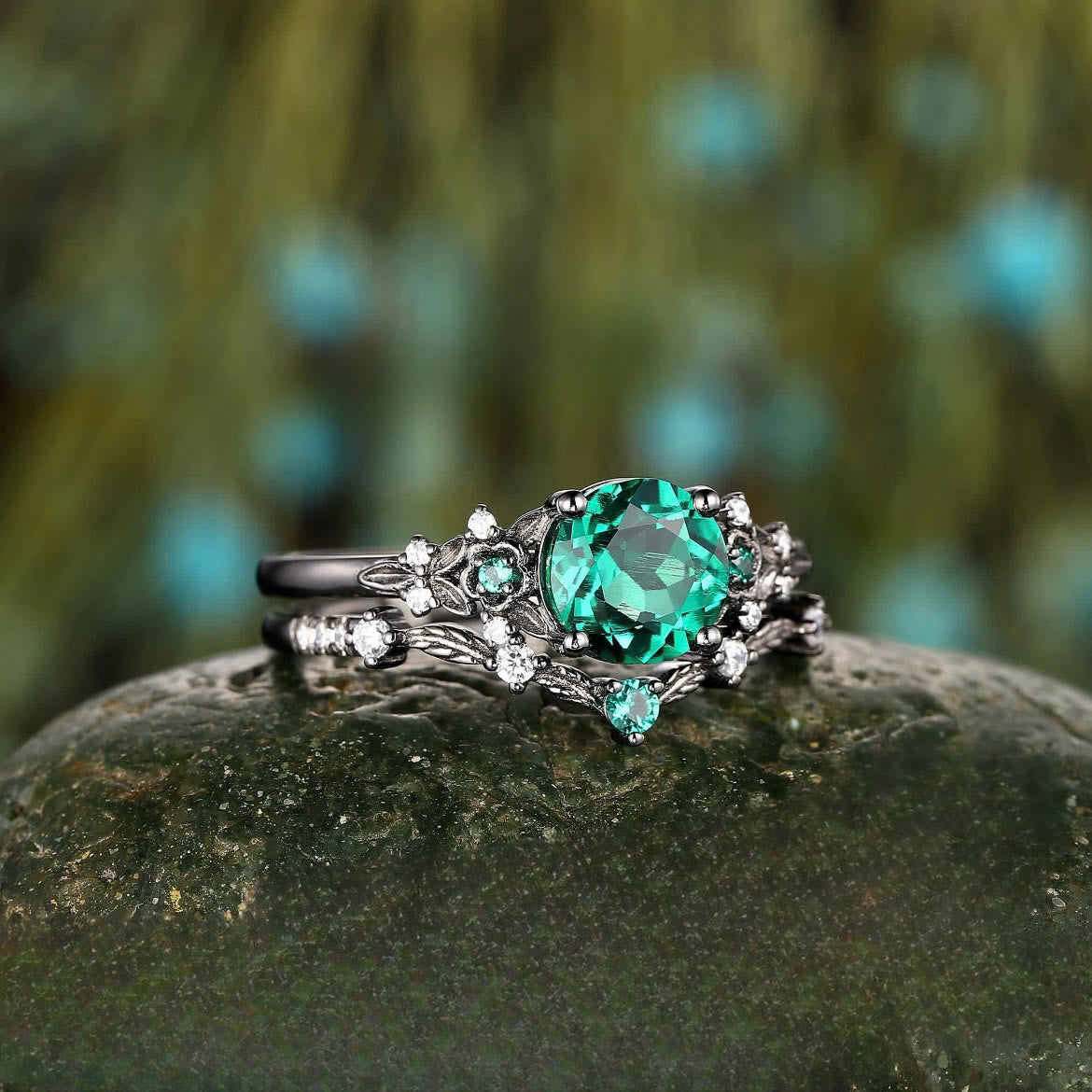 FREE Today: 2 Pcs Floral Alexandrite Black Engagement Ring Set