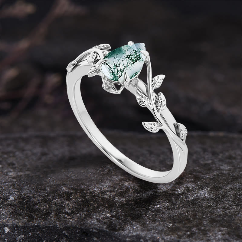 FREE Today: Pear Cut Moss Agate Twisted Leaf Engagement Ring