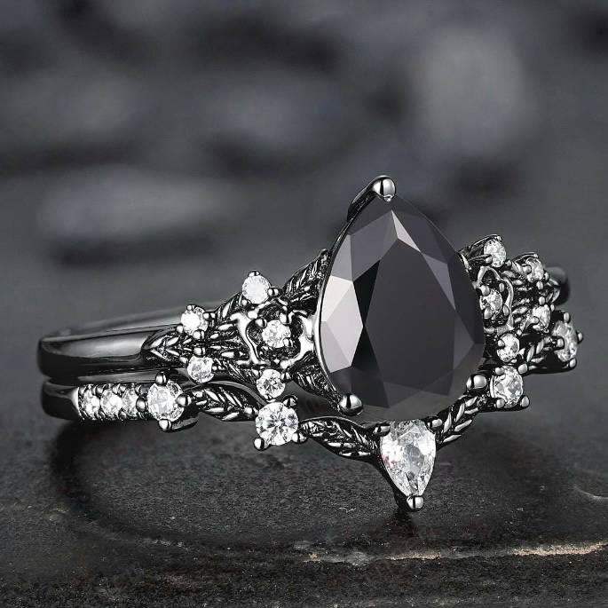 FREE Today: 2 Pcs Floral Alexandrite Black Engagement Ring Set