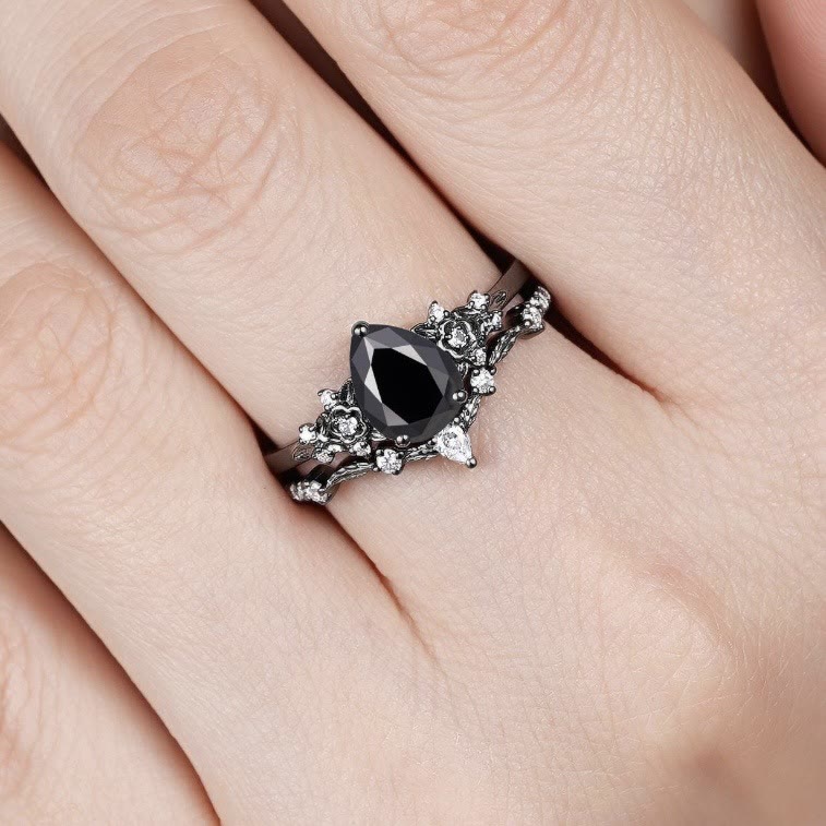FREE Today: 2 Pcs Floral Alexandrite Black Engagement Ring Set