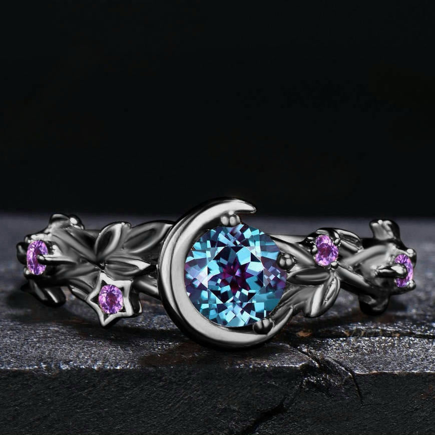 Free Today: Moon Star Color-Change Alexandrite Branch Leaf Amethyst Engagement Ring