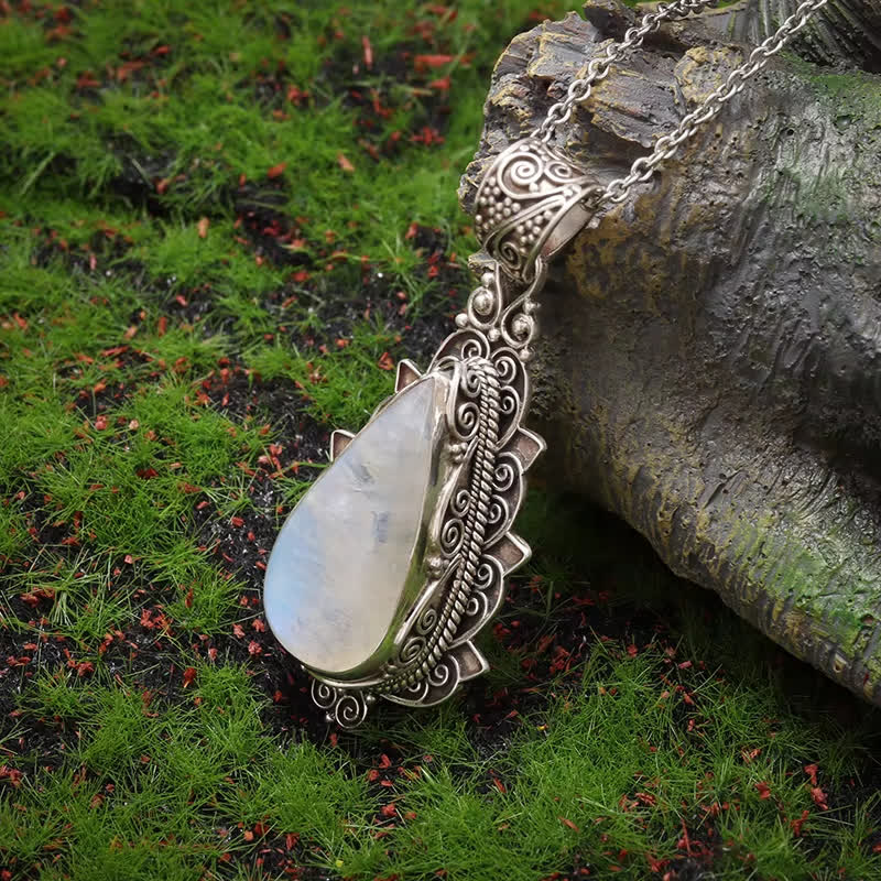 FREE Today: Exquisite Vintage Teardrop Moonstone Lotus Pendant Necklace