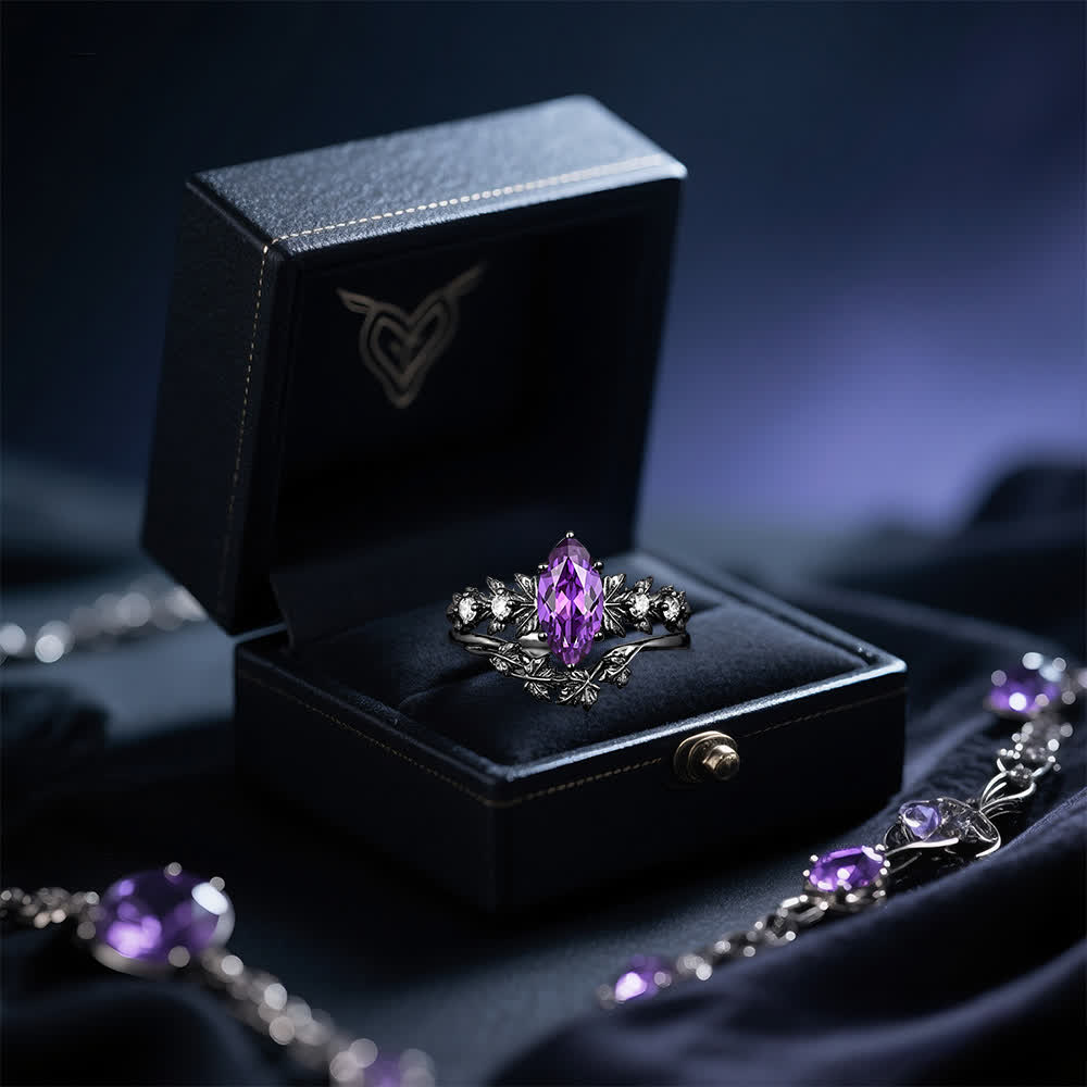 FREE Today: "Twilight Enchantment" Amethyst Zircon Black Leaf Engagement Ring