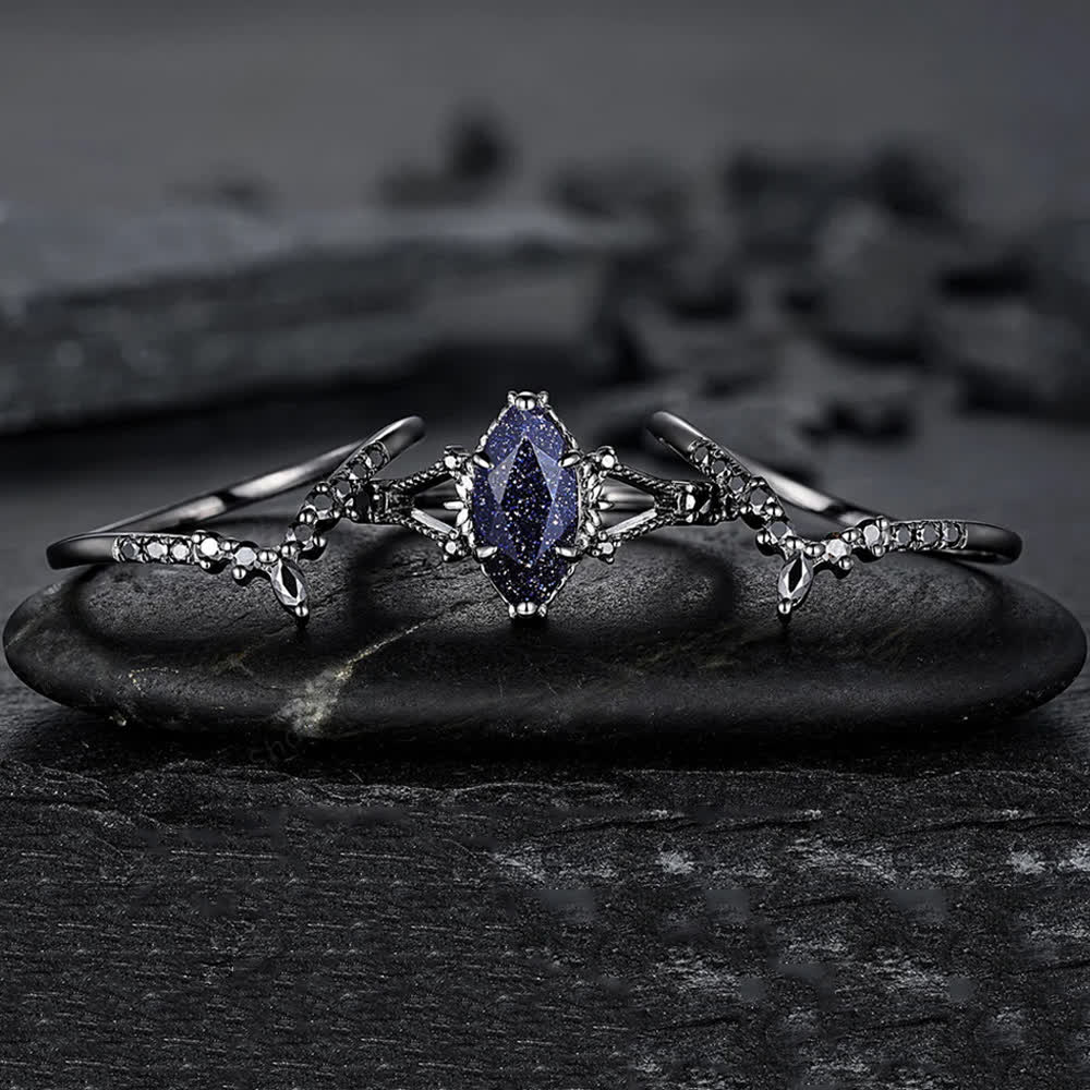 FREE Today: Black Gold 3Pcs Marquise Cut Blue Sandstone Ring