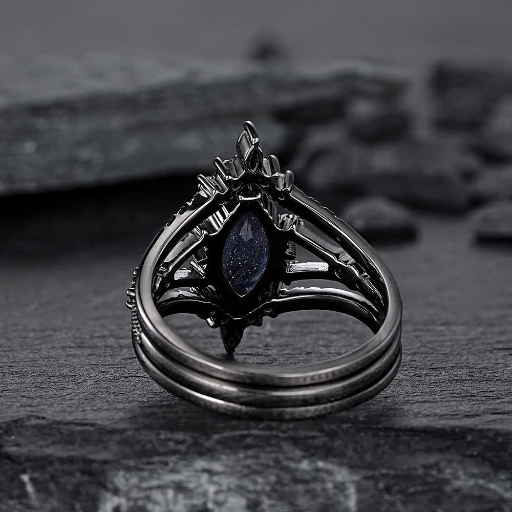 FREE Today: Black Gold 3Pcs Marquise Cut Blue Sandstone Ring