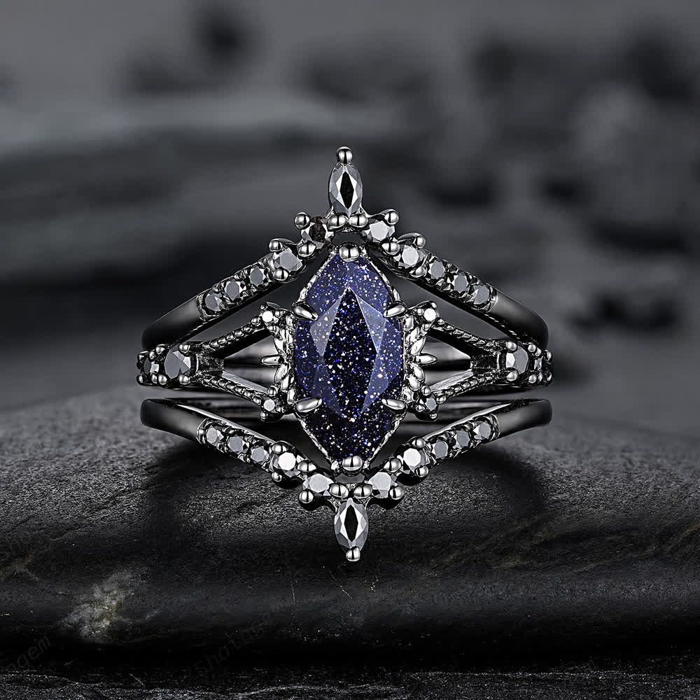FREE Today: Black Gold 3Pcs Marquise Cut Blue Sandstone Ring