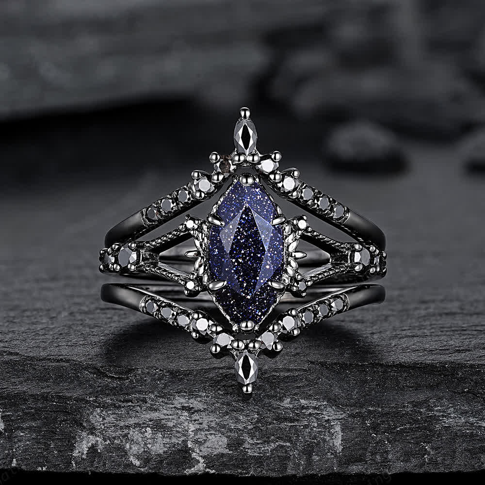 FREE Today: Black Gold 3Pcs Marquise Cut Blue Sandstone Ring