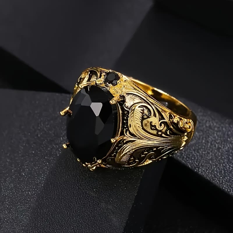 FREE Today: Black Oval Zirconia Vintage Men's Golden-Tone Alloy Ring