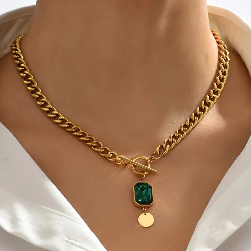 Bold Emerald Gold Link Necklace