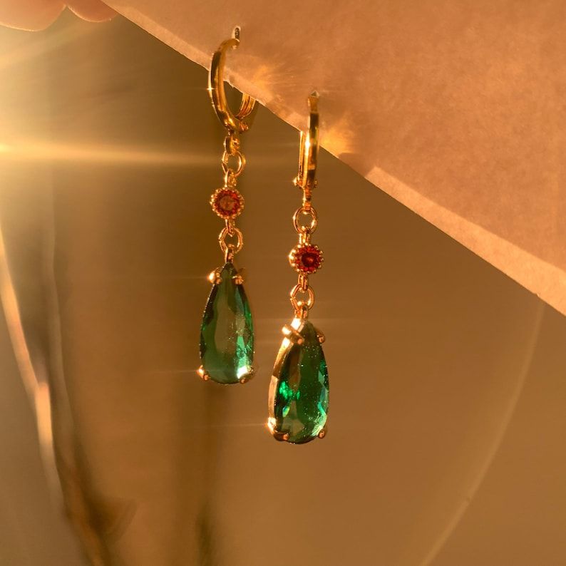 14K Gold Green Crystal Dangle Earrings