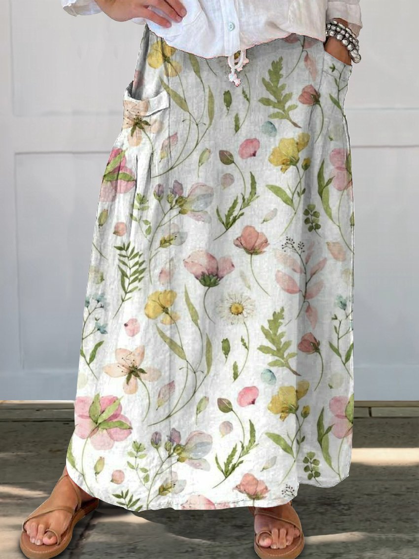 A Variety of Floral Prints Women's Linen Pocket Skirt