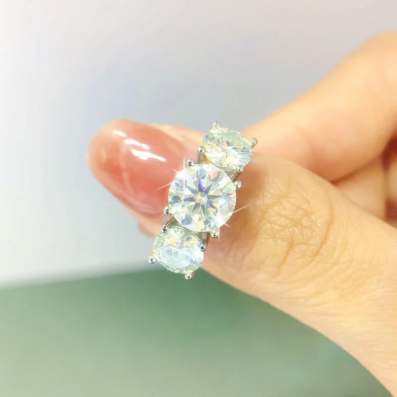 Real D Color VVS1 Round 2.0ctw Moissanite 3-Stone Ring 925 Pure Silver Jewelry Certified for Women Wedding Engagement Gift