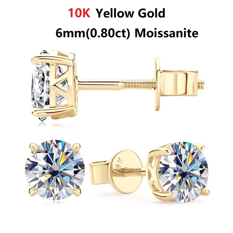 14k Gold Earrings Real 6mm Moissanite Diamond Stud Earrings for Men Women 10K Yellow Gold Screw Back Earrings Fine Jewelry