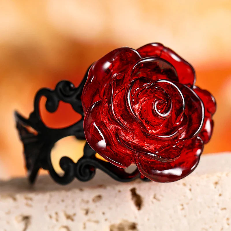 Victorian-Inspired Black Metal Rose Adjustable Ring