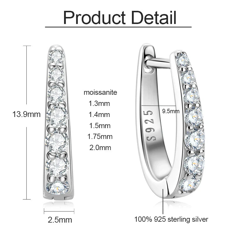 S925 All D Moissanite Clip Earrings U Shaped Hoop Huggie 925 Silver for Woman Certified Fine Jewelry Wedding Birthday Gift
