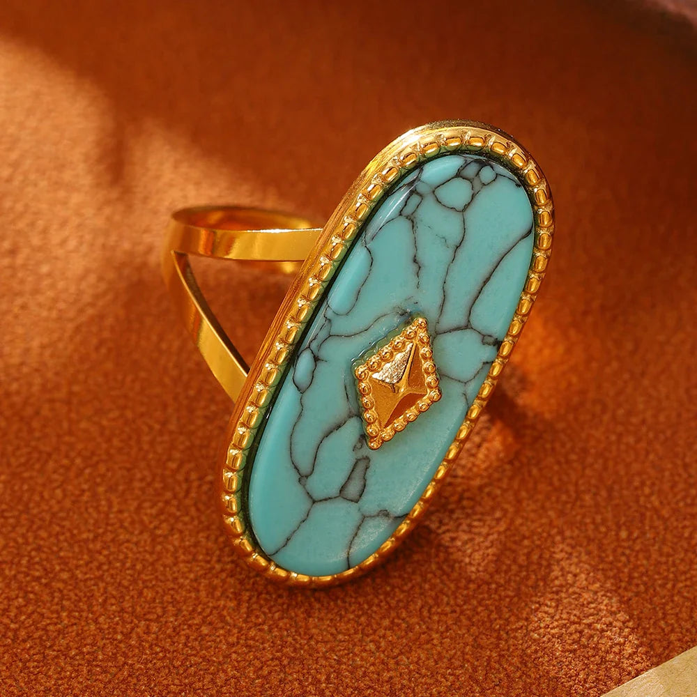 Oval Turquoise Stone Gold Adjustable Ring