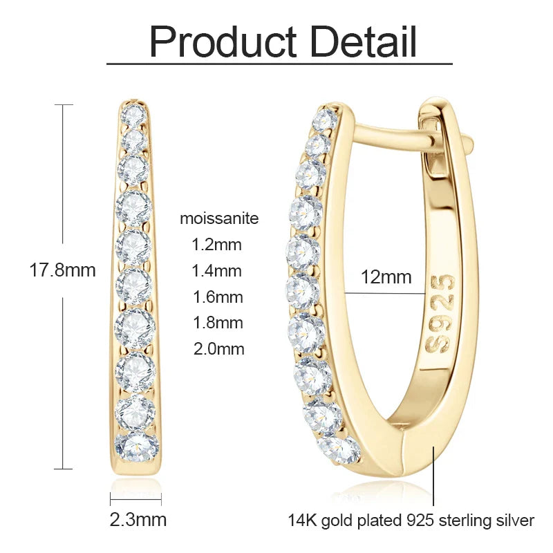 S925 All D Moissanite Clip Earrings U Shaped Hoop Huggie 925 Silver for Woman Certified Fine Jewelry Wedding Birthday Gift