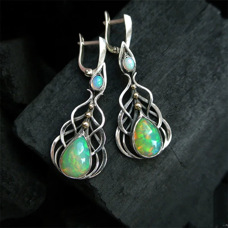 Vintage Silver & Opal Teardrop Earrings