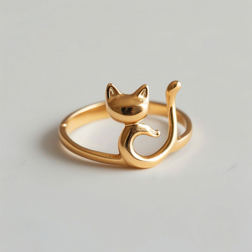 Adorable Minimalist Golden Cat Ring with Tail