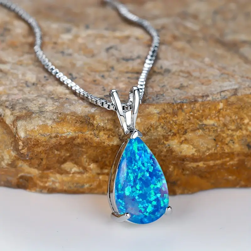 Blue Opal Drop Silver Necklace