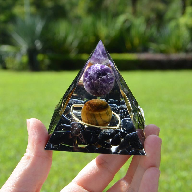 Amethyst Sphere With Obsidian Tiger Eye Orgone Pyramid