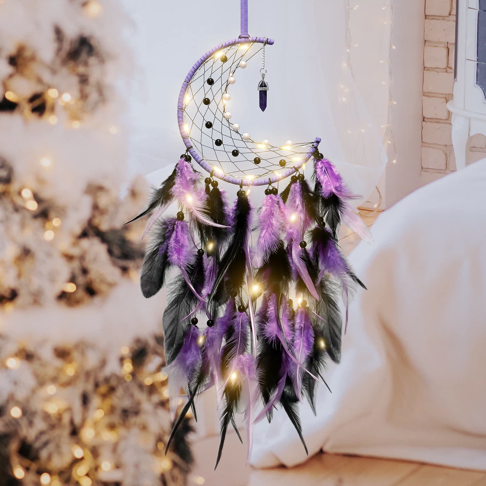 FREE Today: "Peace Energy" Amethyst & Obsidian Moon Feather Dream Catcher