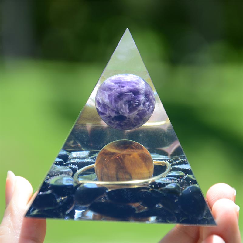 Amethyst Sphere With Obsidian Tiger Eye Orgone Pyramid
