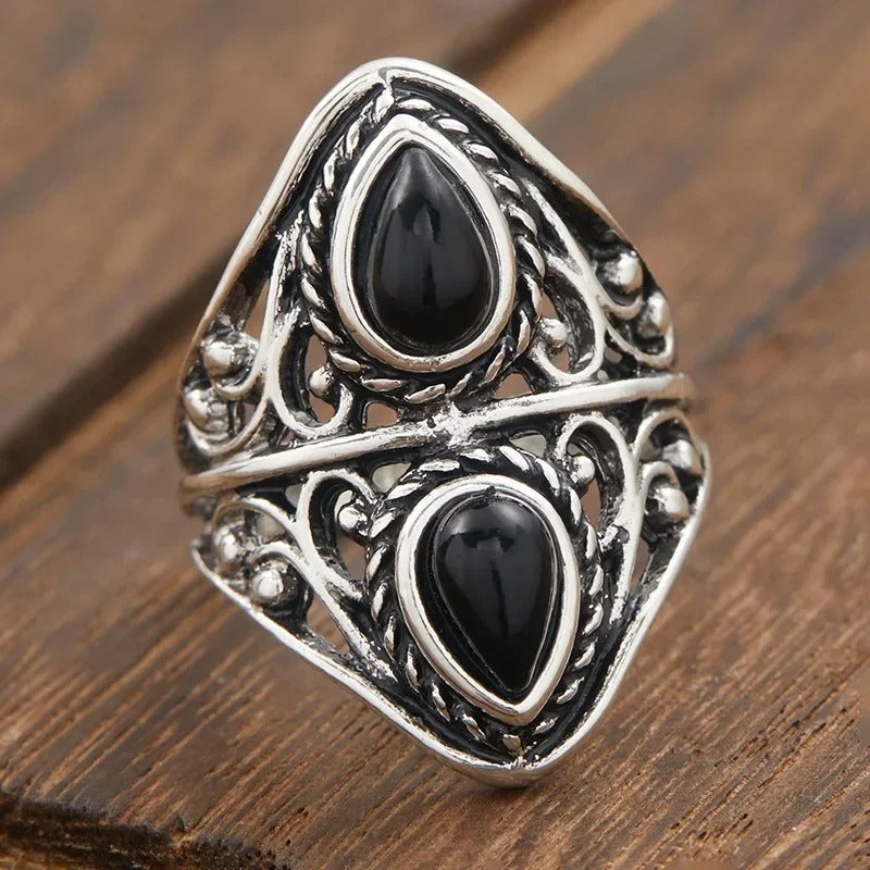 Handcrafted Silver & Black Stone Boho Ring
