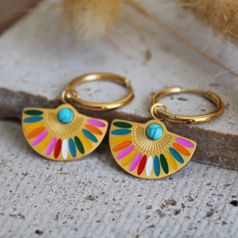 Vintage Gold Colorful Fan Hoop Earrings