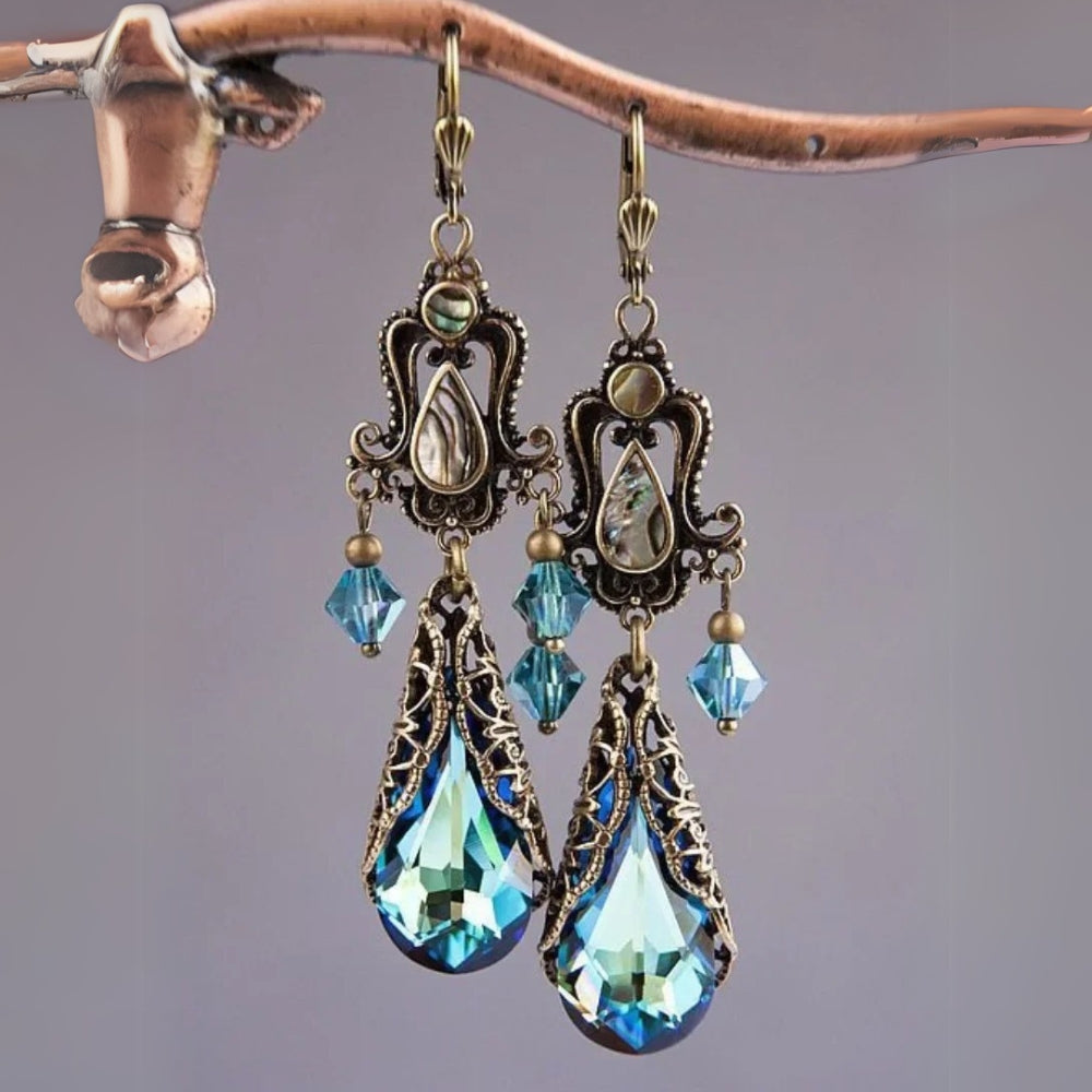Vintage Gold Blue Crystal Chandelier Earrings